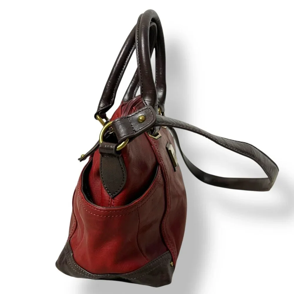 Tignanello Burgundy Leather Satchel Brown Leather Handles Trim Shoulder Strap